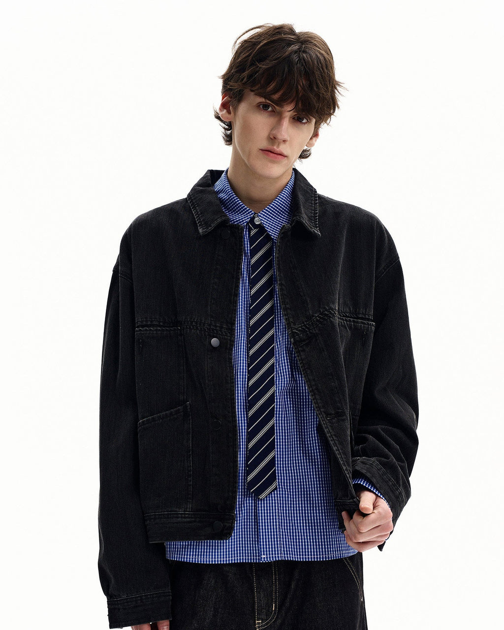 Giacca di Jeans da uomo Nera con Bottoni a Pressione | Haven Loom, immagine 2