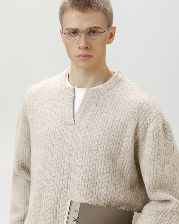 Maglione da uomo a Trecce Scollo a V in Lana | Haven Loom, immagine 2